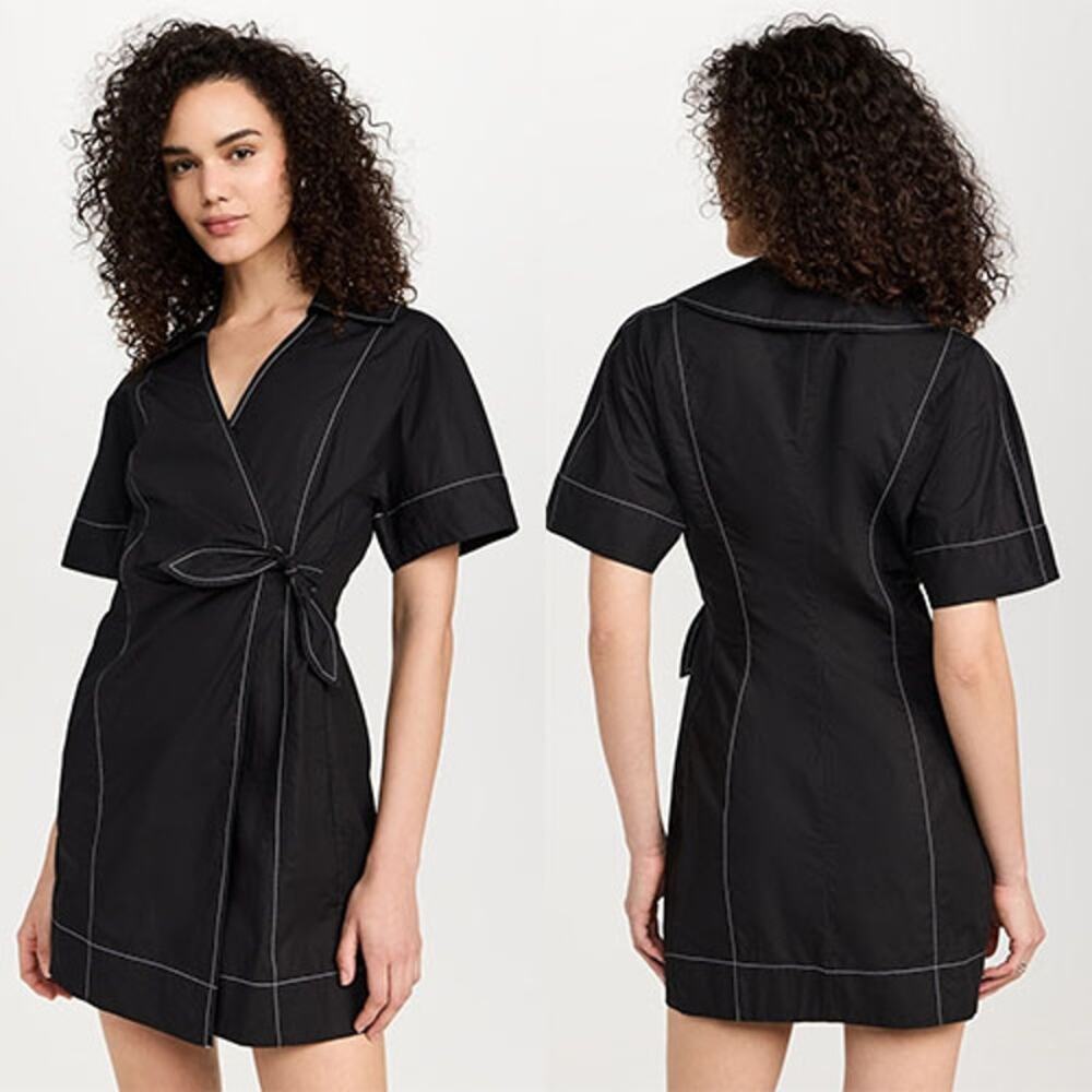 NWT GANNI Cotton Poplin Wrap V Neckline Short Sleeves Mini Dress Black Size: 8